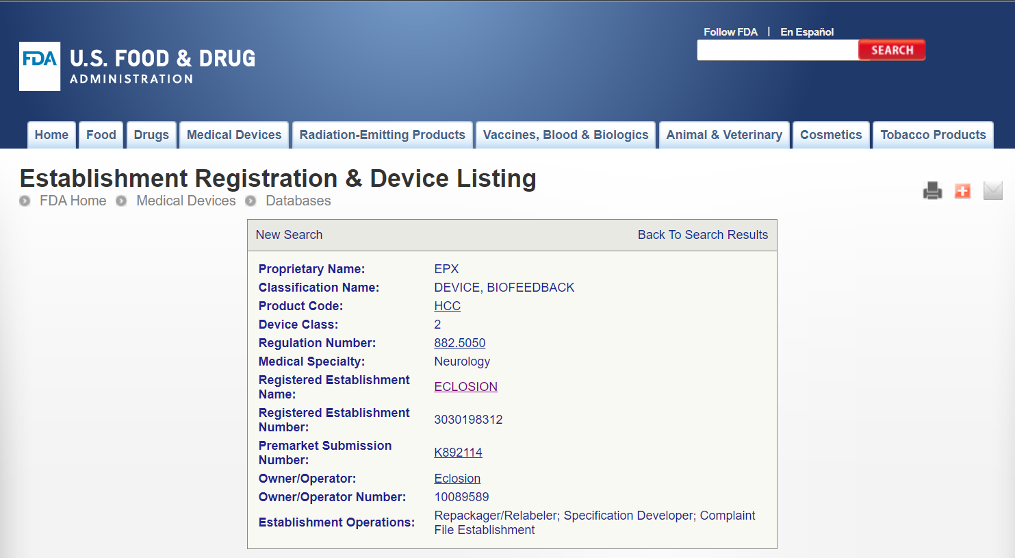 EPX FDA Device Listing